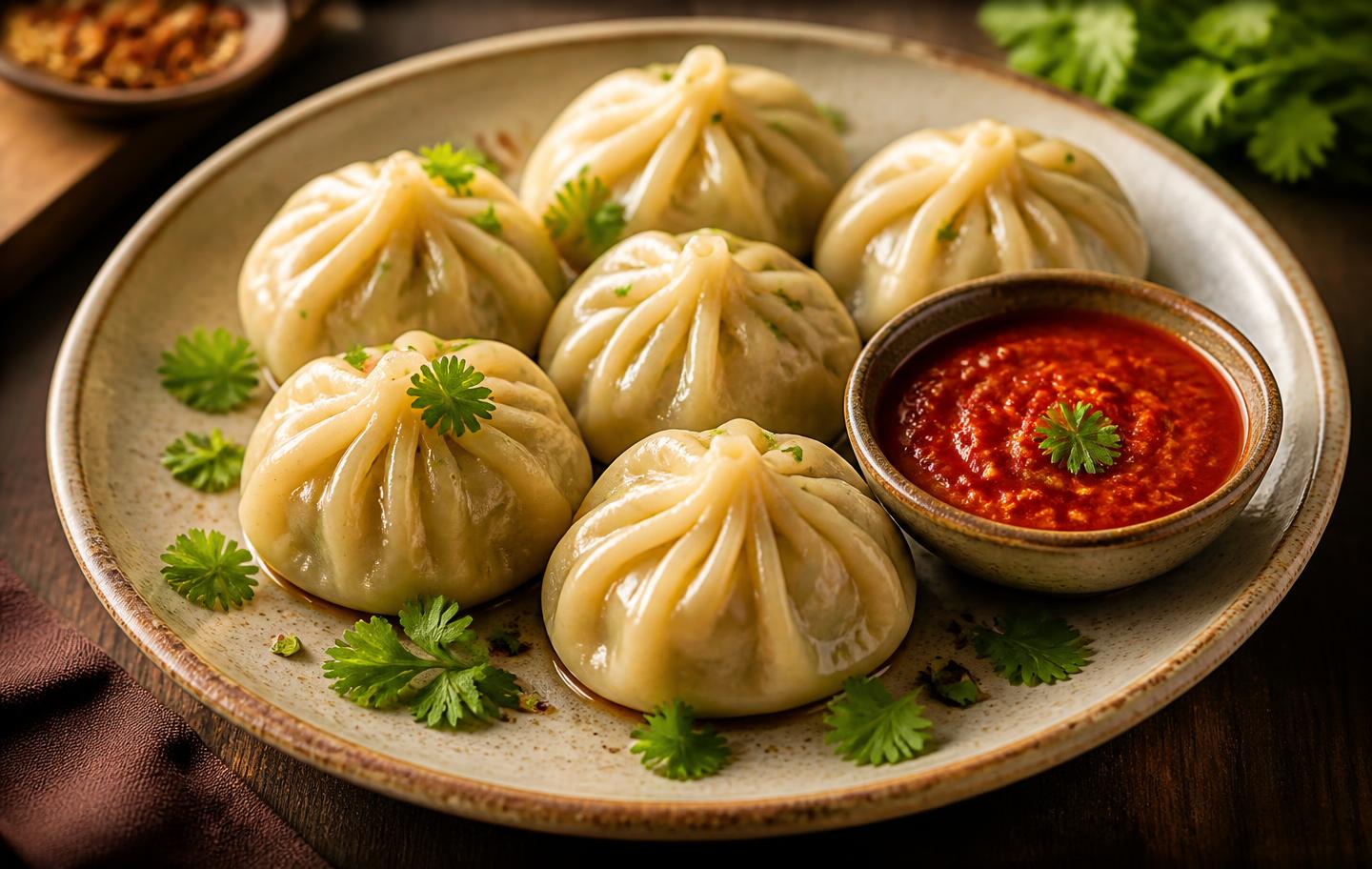Freshly steamed Lahori momos served with red chutney